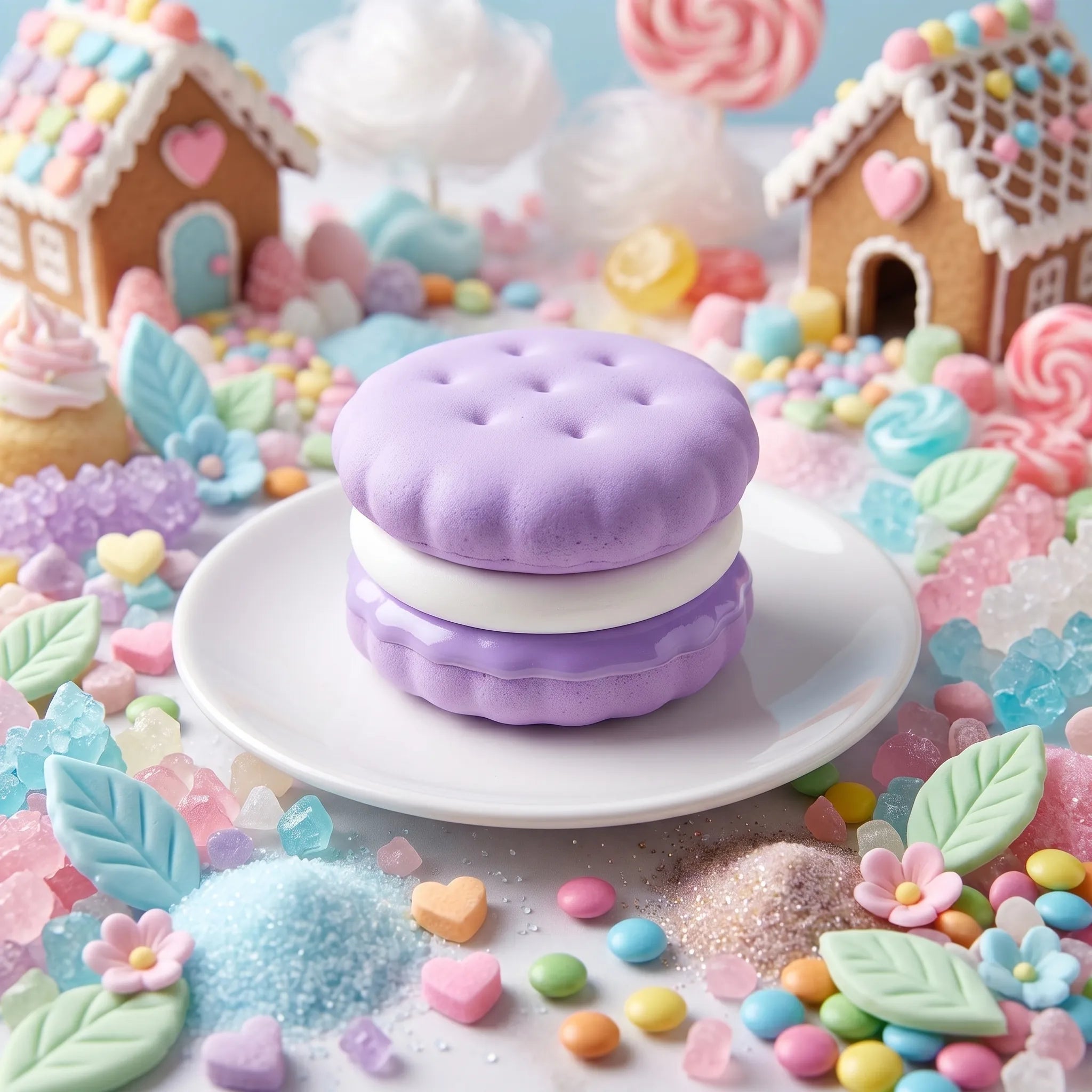 Purple macaron squishy displayed on a table surrounded sweet desserts