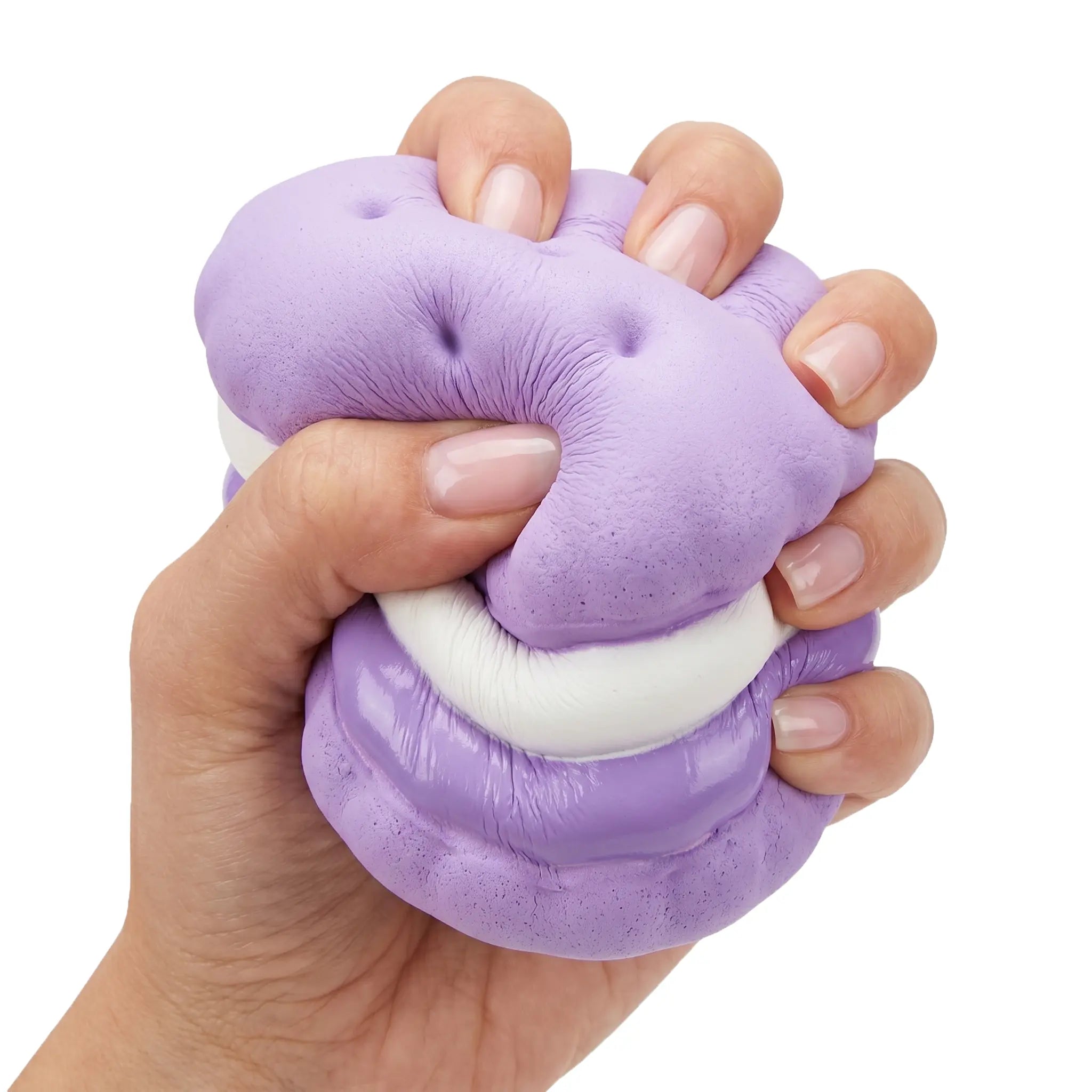 Purple macaron squishy toy being pressed and squeezed on white background by MimiSquishy