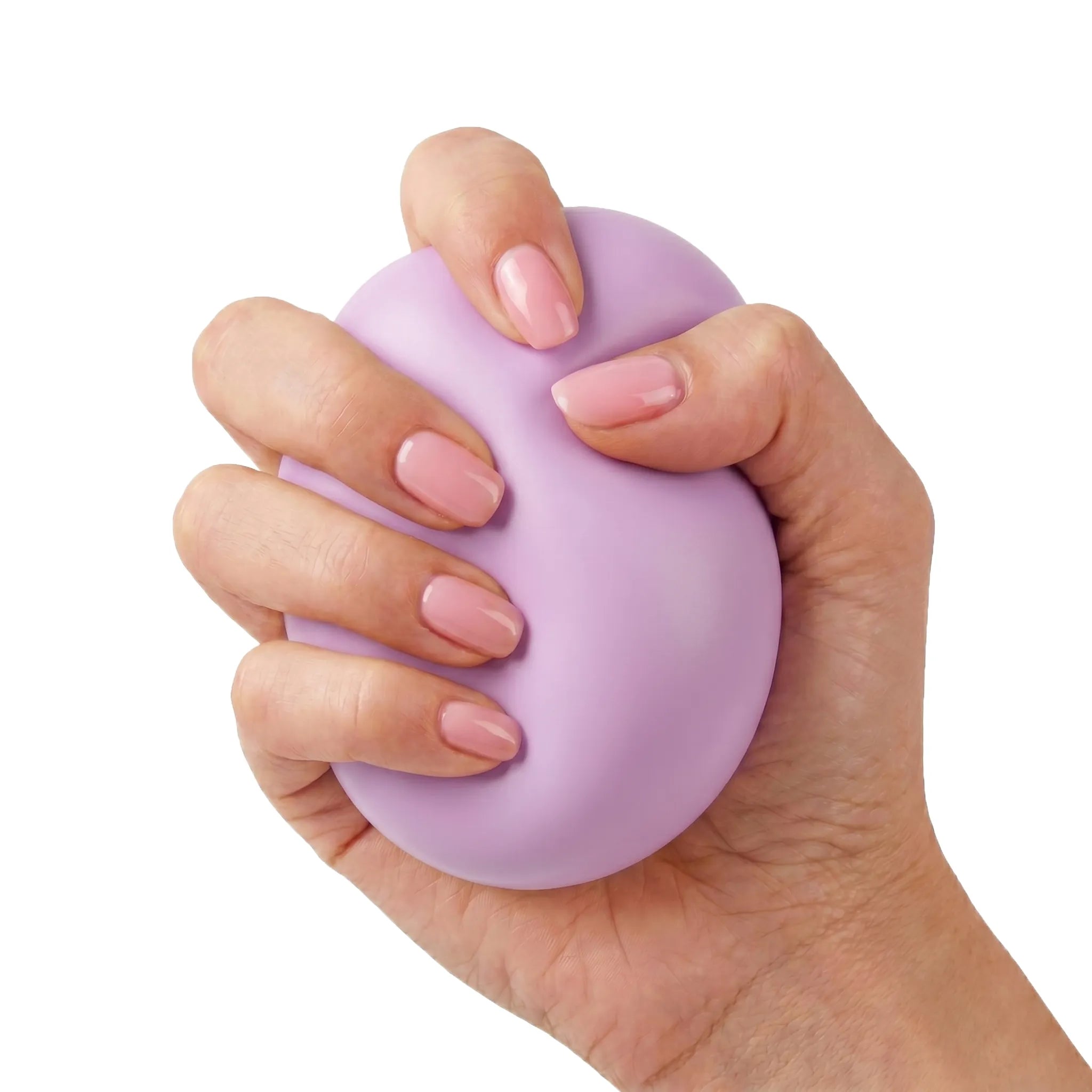 Purple sticky mochi bread squishy toy being pressed and squeezed on white background by MimiSquishy