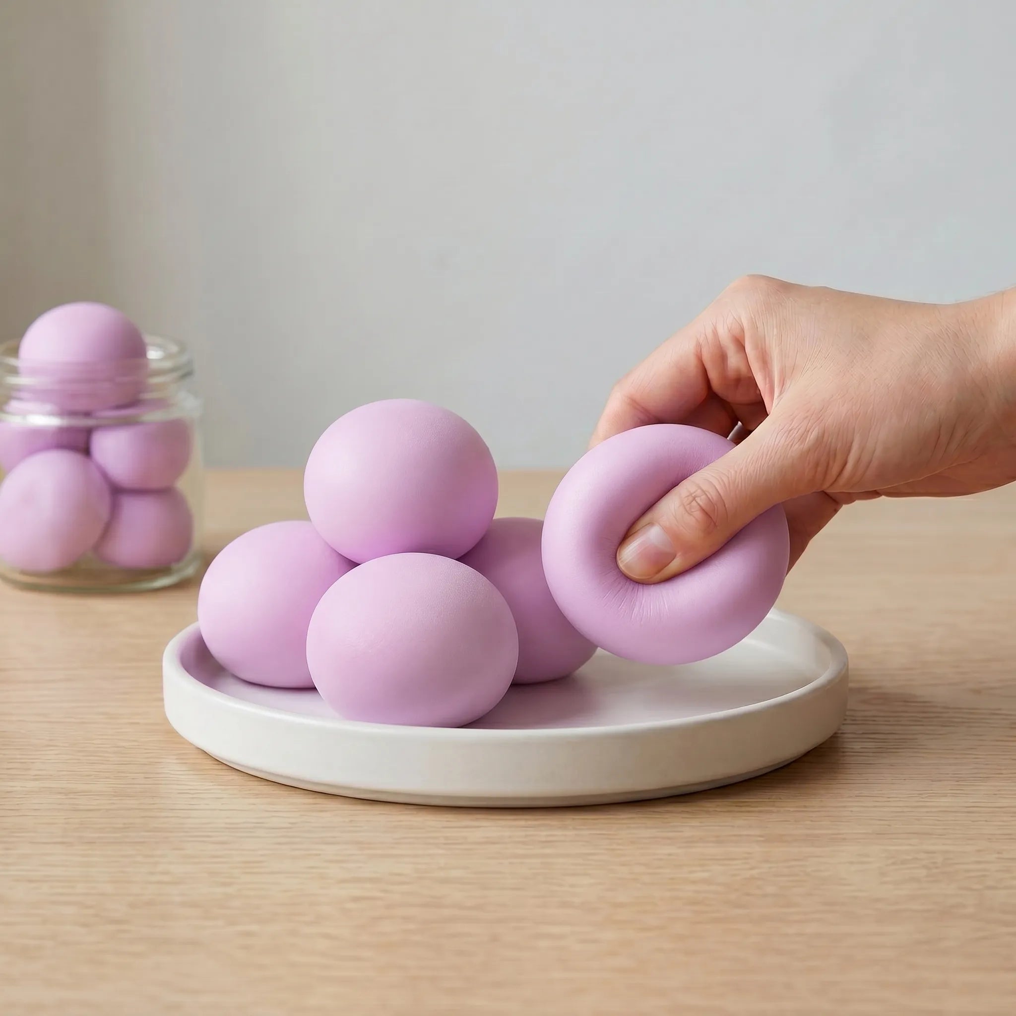 Purple sticky mochi bread squishy displayed on a soft lavender surface surrounded by cute kawaii breakfast accessories