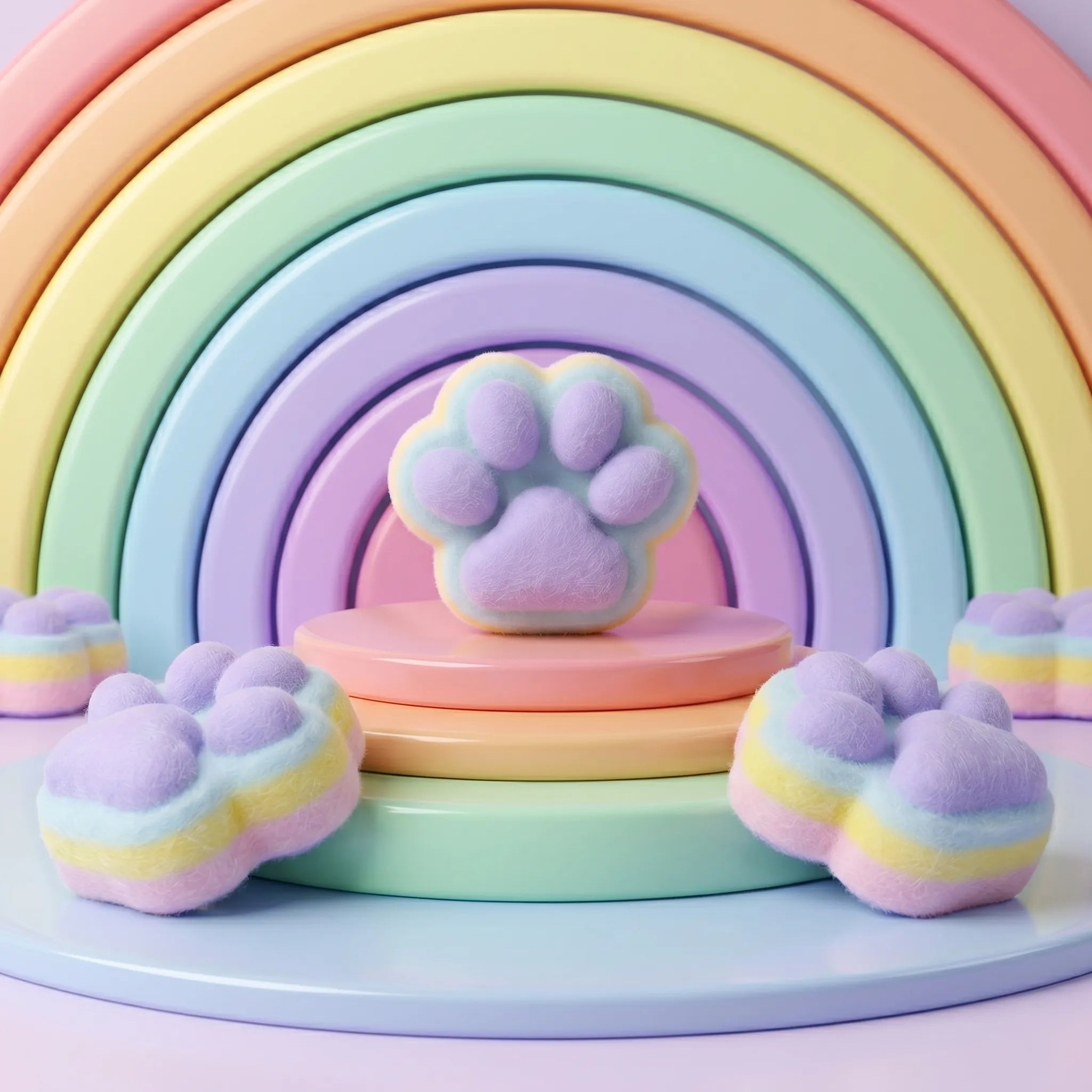 Rainbow cat paw taba squishy displayed on a bright pastel surface surrounded by colourful accessories