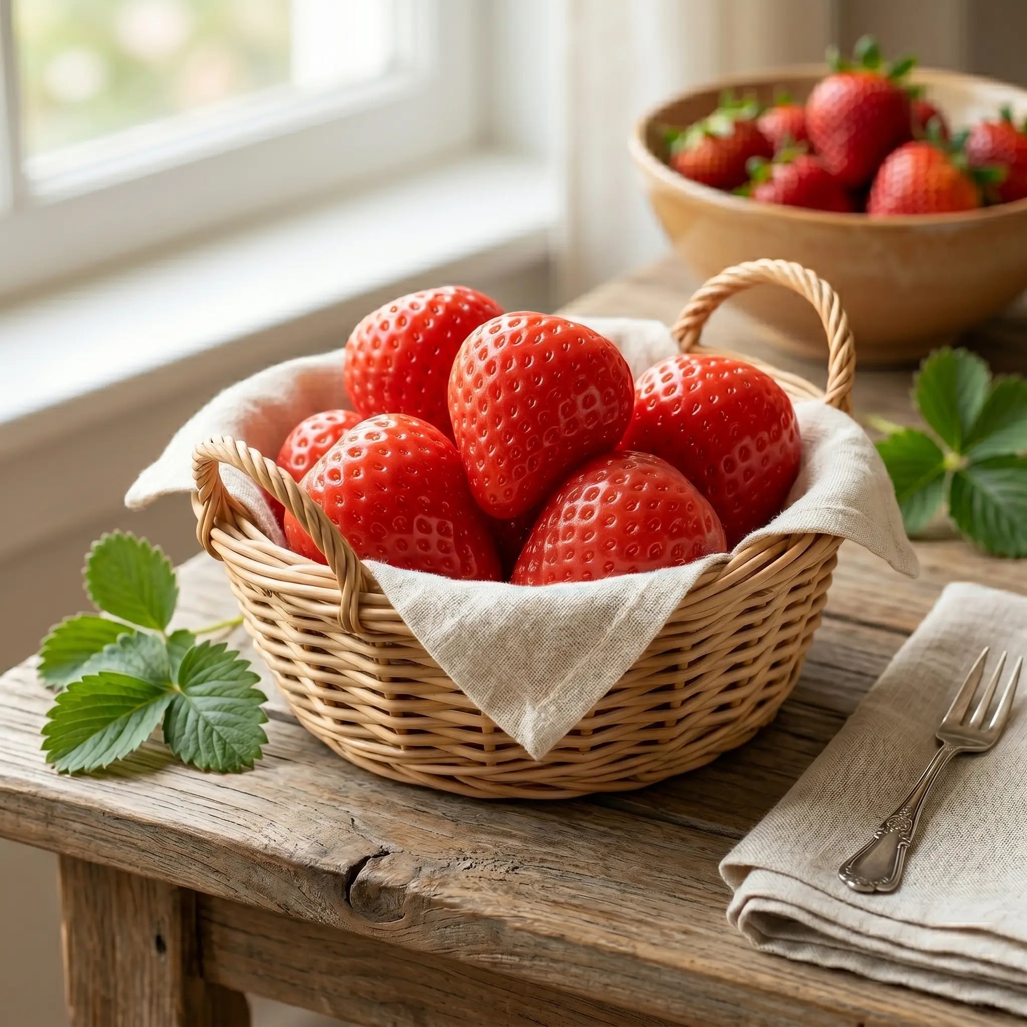Red strawberry taba squishy displayed on a wooden surface surrounded by a basket of fresh strawberries