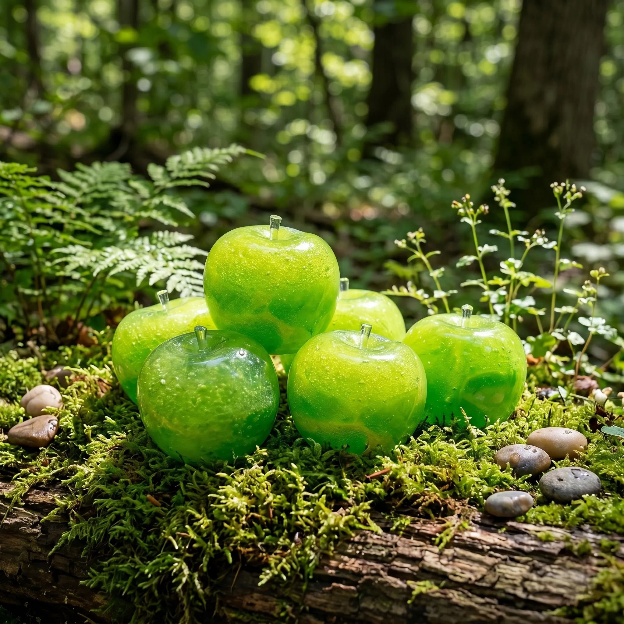 Smoothie apple squishy displayed on a fresh wooden surface surrounded by green apples and leaves