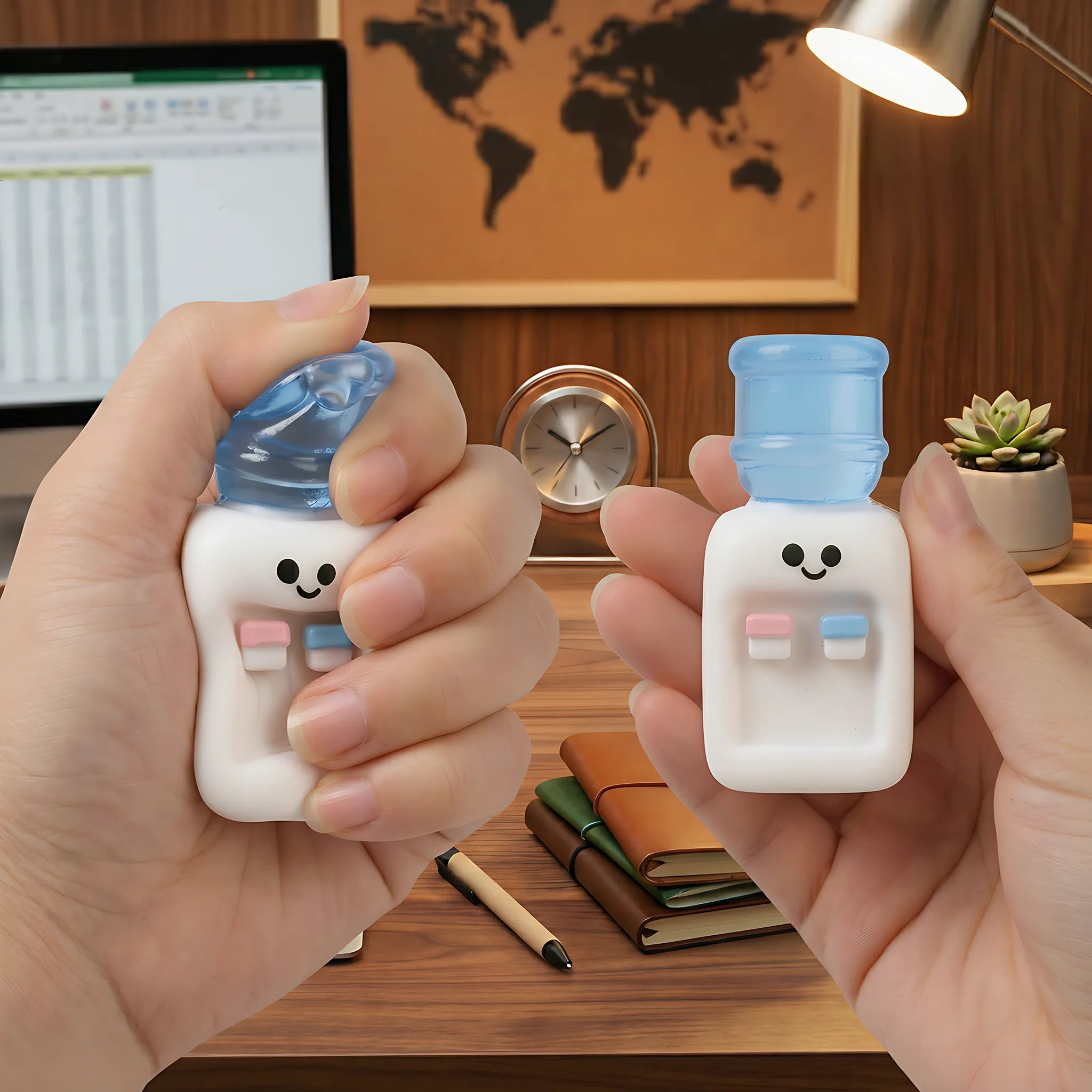 Cute water dispenser squishies displayed on a office desk surrounded by stationery accessories