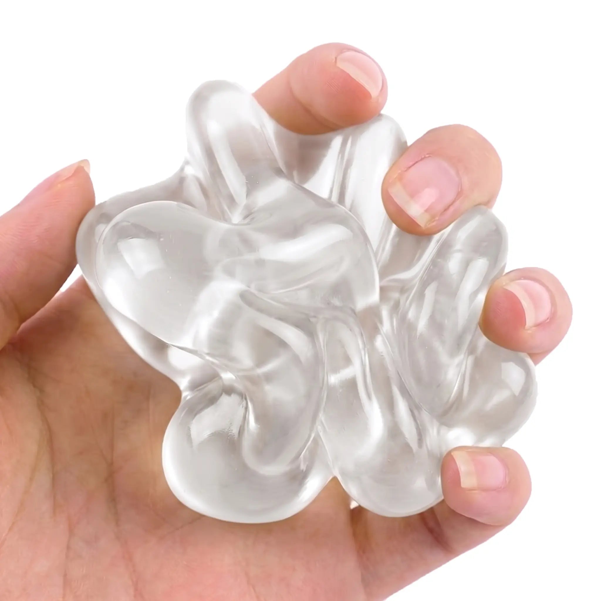 Hands squeezing a translucent white coconut oil stress ball showing its satisfying texture by MimiSquishy