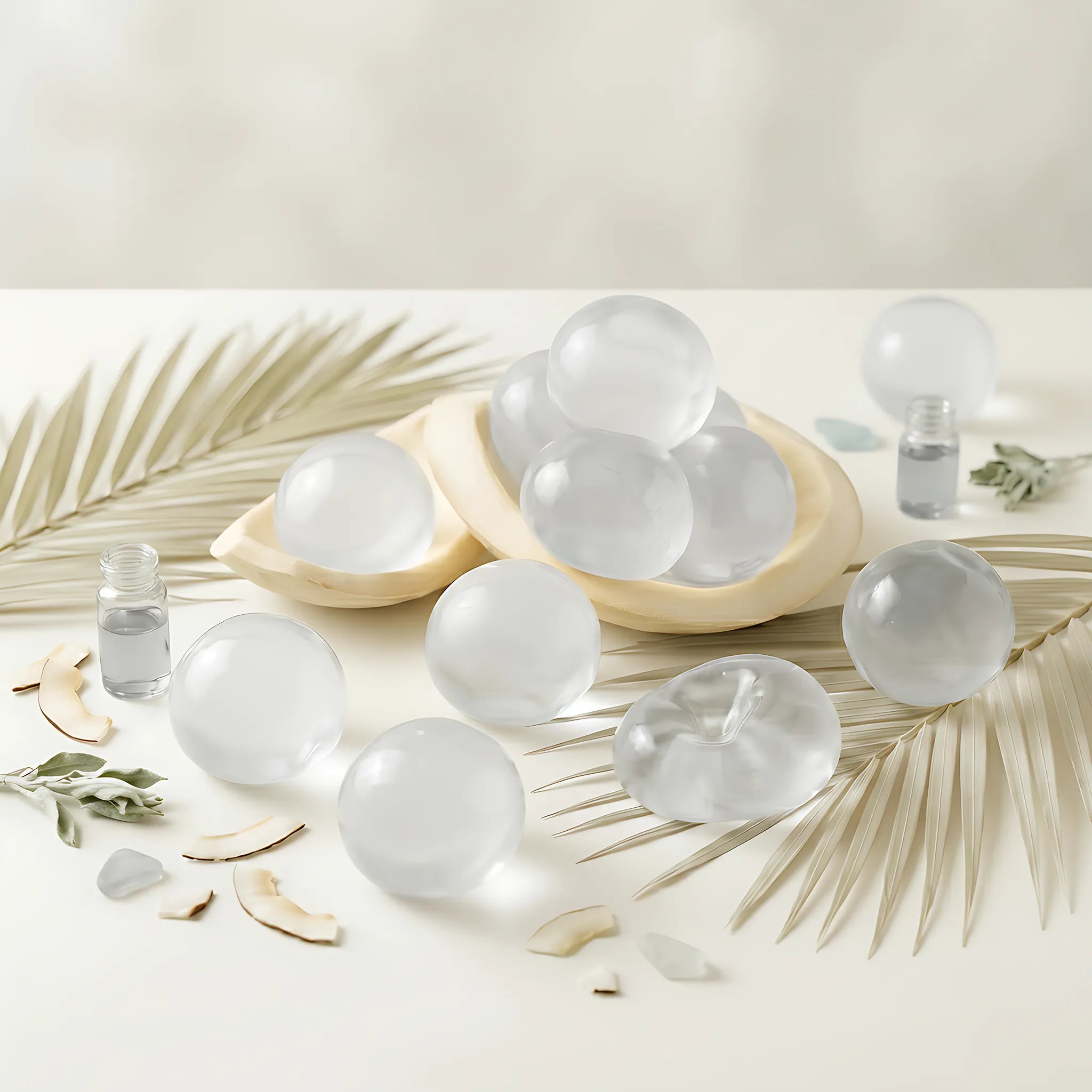 White coconut oil stress ball displayed on a minimal marble surface with soft neutral lighting around it