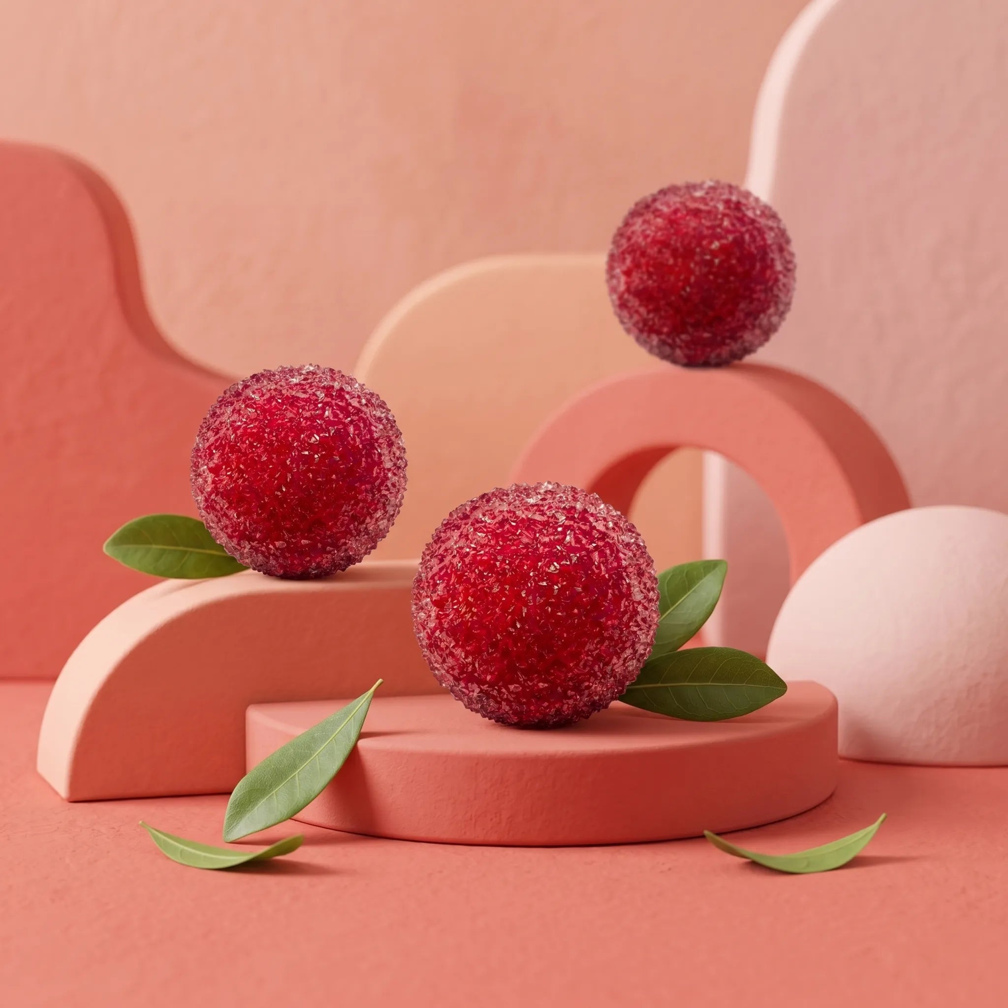 Red yangmei ball squishy displayed on a minimal surface with soft red lighting reflecting its crystal texture