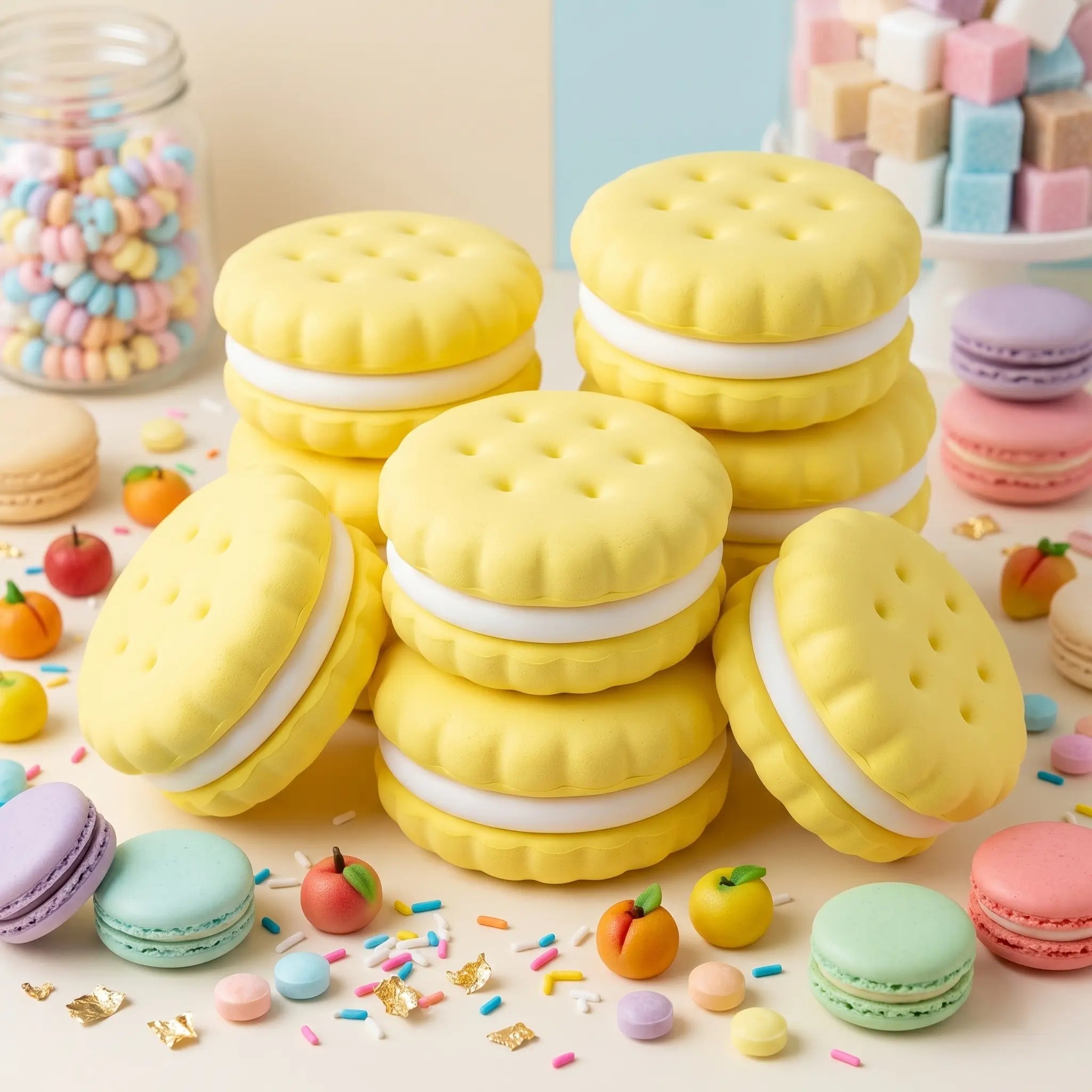 Yellow macaron squishy displayed on a pastel table surrounded by macarons and sweet desserts