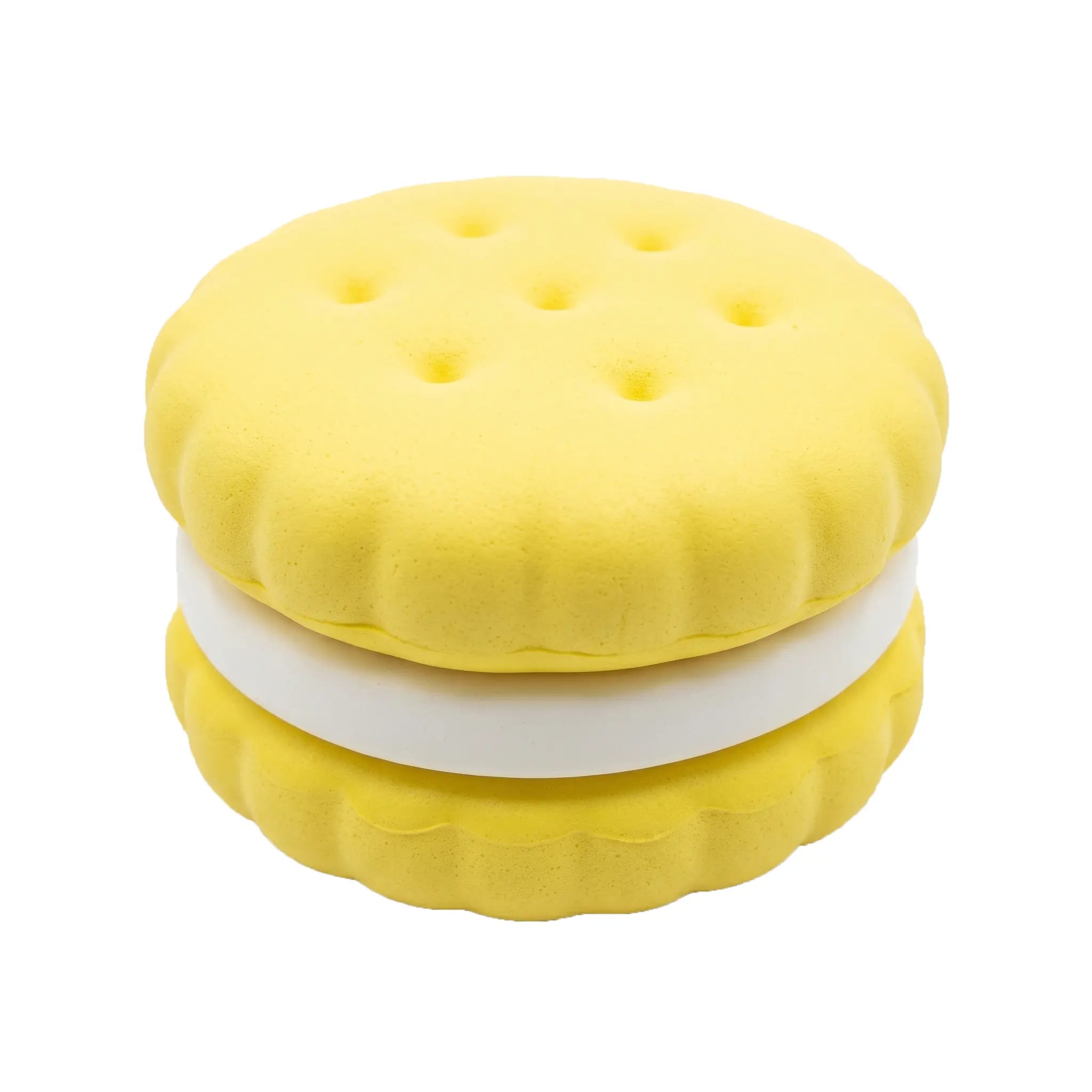 Yellow macaron squishy toy by MimiSquishy on white background