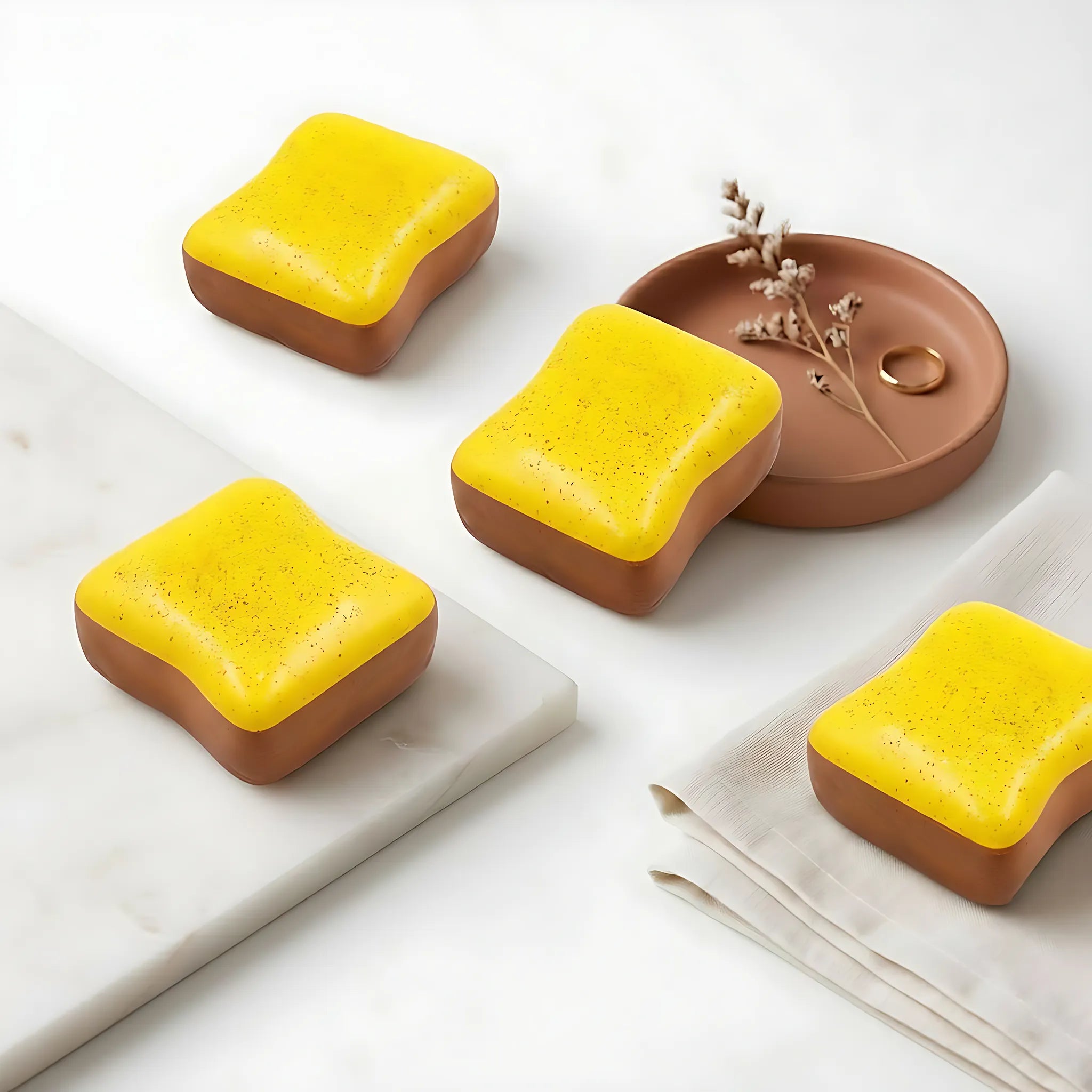 Four yellow toast taba squishies displayed together on a white background by MimiSquishy